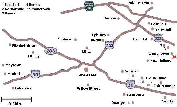 Click on a city name to display inns in that city, or click anywhere else for a list of all inns in Lancaster County.