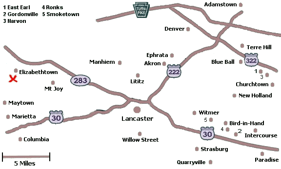 Click on a city name to display inns in that city, or click anywhere else for a list of all inns in Lancaster County.