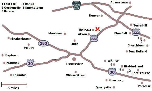 Click on a city name to display inns in that city, or click anywhere else for a list of all inns in Lancaster County.