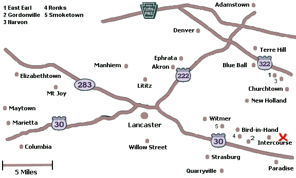 Click on a city name to display inns in that city, or click anywhere else for a list of all inns in Lancaster County.