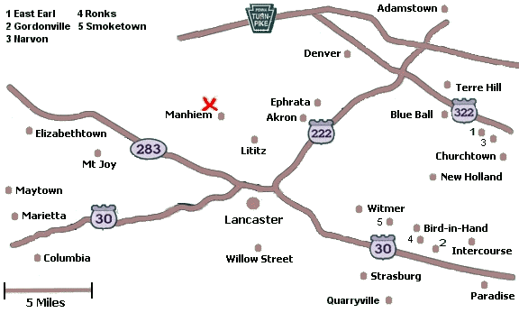 Click on a city name to display inns in that city, or click anywhere else for a list of all inns in Lancaster County.