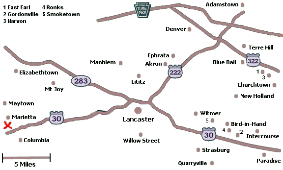 Click on a city name to display inns in that city, or click anywhere else for a list of all inns in Lancaster County.