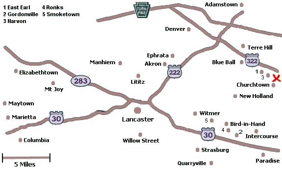 Click on a city name to display inns in that city, or click anywhere else for a list of all inns in Lancaster County.
