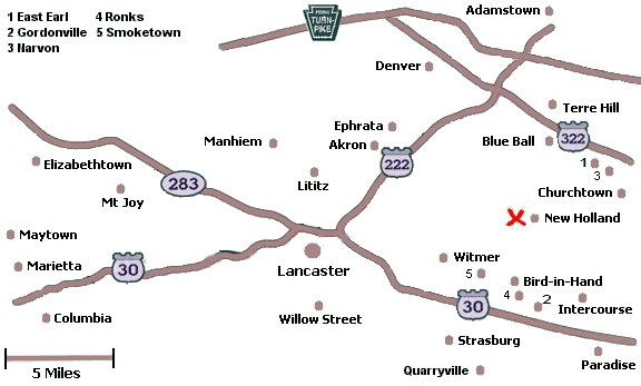 Click on a city name to display inns in that city, or click anywhere else for a list of all inns in Lancaster County.