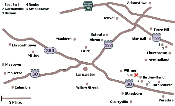 Click on a city name to display inns in that city, or click anywhere else for a list of all inns in Lancaster County.